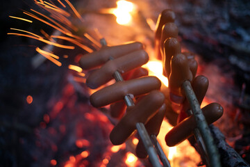 Sausages on the campfire. Meat on the fire. Cooking in the forest.