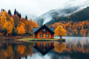 Obraz premium Smoke rising from the chimney of a cozy wooden cabin reflecting in a calm lake surrounded by colorful autumn trees and mist