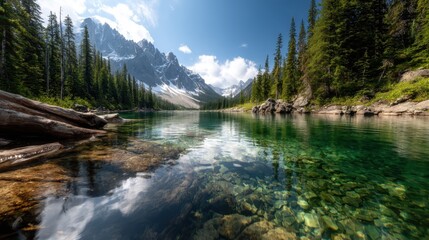 A breathtaking view of a clear mountain lake reflecting majestic peaks and surrounded by lush green forests, offering a serene escape into nature's untouched beauty.