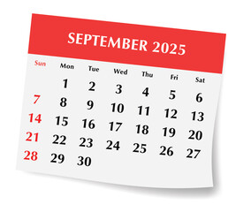 2025 september English calendar. vector illustration of monthly paper page with shadow. Design with Sunday start
