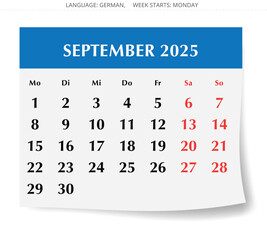 German calendar for september 2025. Vector illustration of autumn month page for Germany