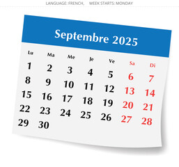 French calendar for september 2025. Vector illustration of winter month paper page for France - septembre calendrier