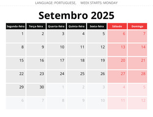 September PORTUGUESE monthly calendar for 2025 year. Vector illustration with stylish design Portugal