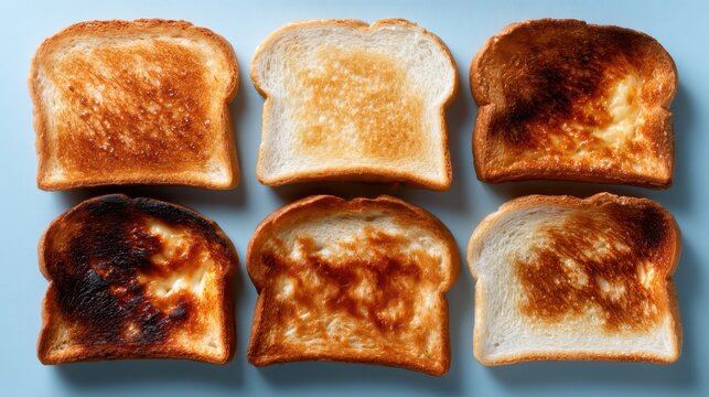 An artistic display of six slices of toasted bread showcases varying degrees of doneness, illustrating the contrast between light and dark crusts, appealing to food lovers.