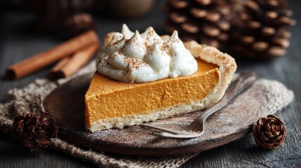 Fototapeta premium Pumpkin Pie with Cinnamon and Pine Cones on Rustic Background.