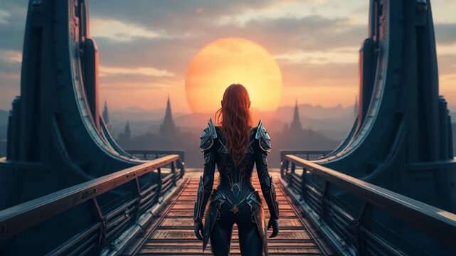 young woman on bridge - fearless young girl, 22 years old, in sleek battle armor, standing on a futuristic bridge, gazing at an alien sunset, created in 3D sci-fi style.