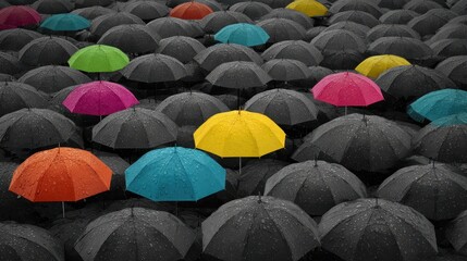 Rainbow colored umbrella stand out from the crowd of many black umbrellas - being different concept.