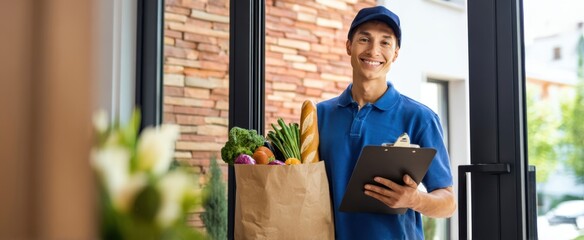 The Delivery Driver Holding Groceries and Clipboard at a Modern Home Door