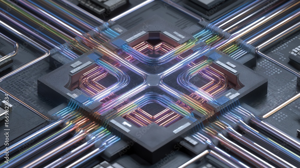 Aufkleber quantum computing features intricate circuits with vibrant wiring showcasing innovation.