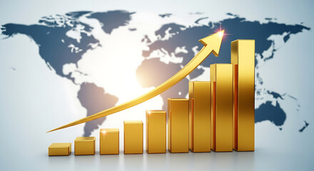 Golden bar graph with upward arrow symbolizing global economic growth and financial success on a world map backdrop