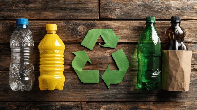 Recycling symbol and different garbage on wooden background, top view. - Powered by Adobe