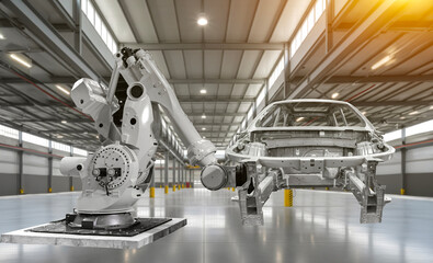 Automated Robot Arm Assembly Line Manufacturing High-Tech Green Energy Electric Vehicles. Automatic Construction, Building, Welding Industrial Production Conveyor in Car Factory.