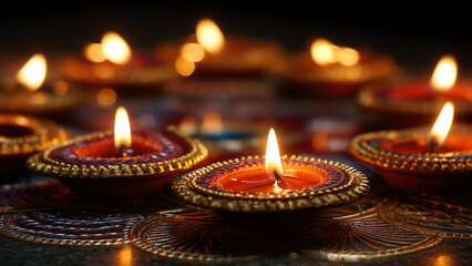 Decorative Diwali Oil Lamps  Glowing in the Dark – Festival of Lights Celebration