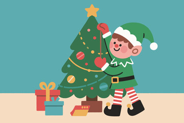 Christmas Elf Decorating Tree with Ornaments and Gifts