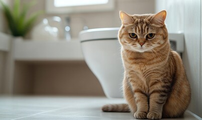 Sad domestic cat sitting on the bathroom floor, symbolizing a common pet toilet problem. This image illustrates the challenges pet owners face and the emotional stress of cleaning, Generative AI