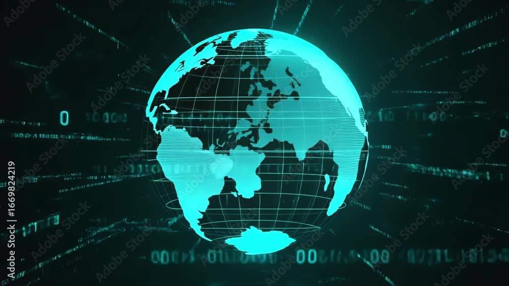 Aufkleber digital earth with glowing grid lines rotates in dark space, surrounded by streaming data and light.