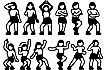Vector illustration of female K-pop dancers in twelve simplified icon-style poses. Perfect for music, dance, entertainment, and cultural designs, posters, websites, and creative projects. Minimalist a