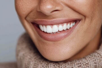 Fototapeta premium Close-up of a woman smiling, showing healthy, straight, and sparkling white teeth. Use this image to promote dental hygiene or cosmetic dentistry services.