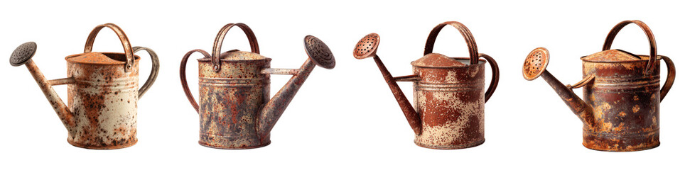Rustic Vintage Watering Cans Collection: Antique Garden Tools with Aged Patina, Evoking Nostalgia and Timeless Charm PNG set Transparent background