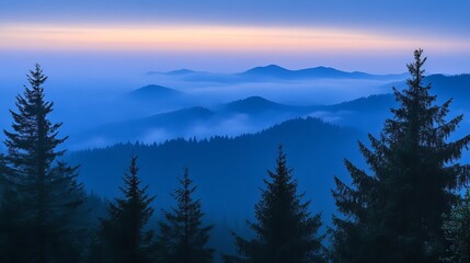 Misty mountain range at dawn. Dark silhouettes of trees frame a vast, blue-toned landscape