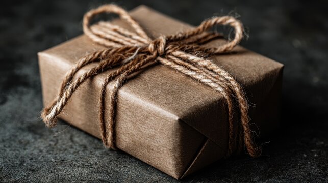 Small Brown Kraft Paper Gift Wrapped with Jute String on Dark Surface.