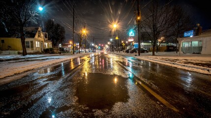 Snowy Night Scene With Illuminated Street and Puddles.