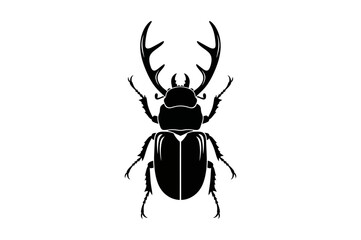 Detailed Black and White Illustration of a Stag Beetle Insect, Featuring its Horns and Anatomical Structure, for educational or design purposes