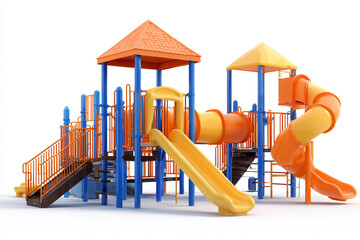 Colorful modern playground equipment with slides and tunnels isolated on white background