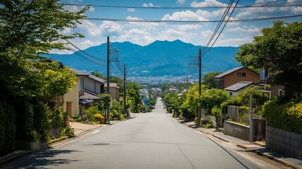 Empty road ascends to a mountain range, lined with houses and greenery