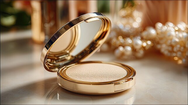 Gold compact powder, open lid, reflection
