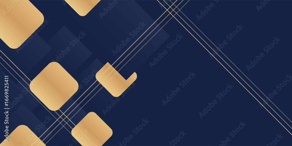 Poster modern dark blue and golden color square overlap pattern on dark background with shadow. abstract tr