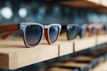 A row of sunglasses on a shelf, with one pair being a brown color