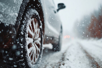 A car with snow on the tires and a snowy road