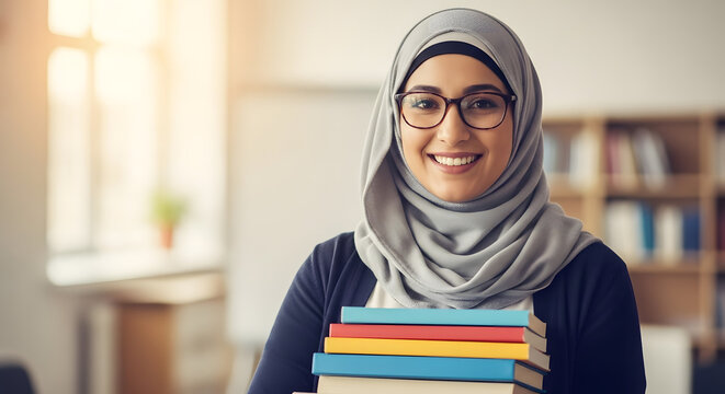 Smiling young woman in hijab and glasses holding a stack of colorful books in a bright library setting.