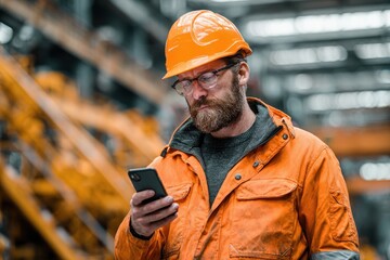 Man in hardhat and orange jacket using smartphone at construction site. Use for communication, site management, or safety compliance concepts.