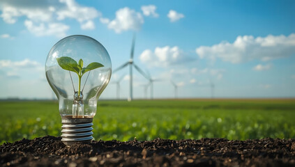 light bulb and wind turbine symbolizing clean environmentally sustainable practices, renewable energy concept and innovation
