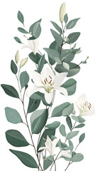 Watercolor Illustration of White Lilies and Eucalyptus on Black