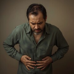 Mature Man Experiencing Stomach Pain or Digestive Discomfort in a Casual Setting
