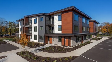 Modern apartment building exterior, sunny day