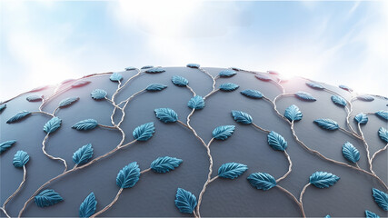 social network concept, Abstract 3D background with metallic branches and blue leaves on curved surface