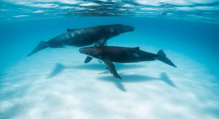 Fototapeta premium Three whales swimming underwater