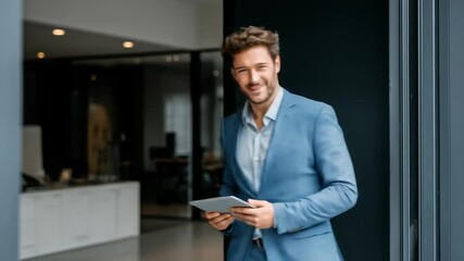 A smiling businessman in a blue suit stands in a doorway, holding a tablet and gesturing with his other hand, inviting someone in. The background is a blurred modern office - Powered by Adobe