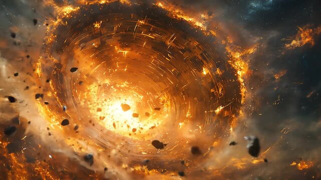 Fiery Vortex of Destruction with Rock Debris and Smoke Explosion