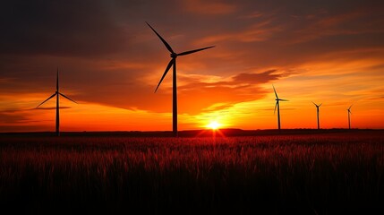 Silhouetted wind turbines at sunset over a golden field (1)