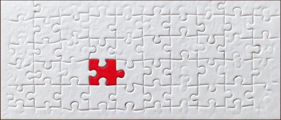The puzzle with a single red piece standing out among white pieces