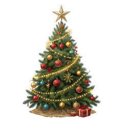 Festive Spruce: A beautifully adorned Christmas tree stands ready for holiday festivities, laden with ornaments, garland, and topped with a shimmering star.