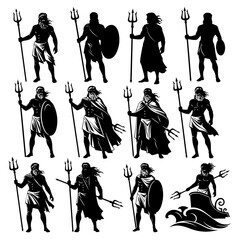 Naklejka premium Collection of Ancient Greek God Illustrations Featuring Poseidon with Trident and Shield 