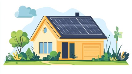 Small yellow house with solar panels on roof, greenery and clouds