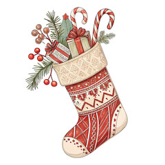Festive Christmas Stocking: An enchanting Christmas stocking brimming with holiday cheer, featuring presents, candy canes, and sprigs of evergreen.