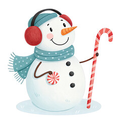 Cheerful Snowman's Holiday Cheer: A charming snowman radiates festive joy, adorned with a cozy scarf, earmuffs, and holding a candy cane and a candy.